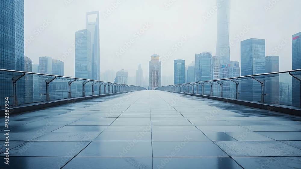 Poster empty square floor and pedestrian bridge with modern city buildings in shanghai : generative ai