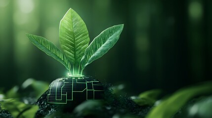 A futuristic plant emerging from a glowing soil, symbolizing growth and technology in harmony with nature.