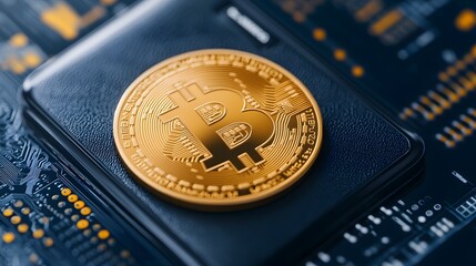 Close-up of a Bitcoin on a black wallet, symbolizing cryptocurrency and digital finance in a modern tech environment.