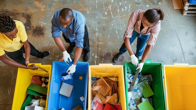 Office workers sorting recyclables into color-coded bins