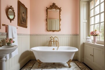 Charming Pastel Bathroom Featuring Vintage Tub and Elegant Decor Ideas