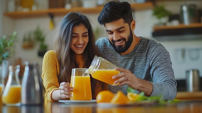 Loving happy young eastern couple have breakfast together in cozy kitchen interior at home Bearded indian guy pouring fresh orange juice in glasses enjoying meal with his wife or girlf : Generative AI