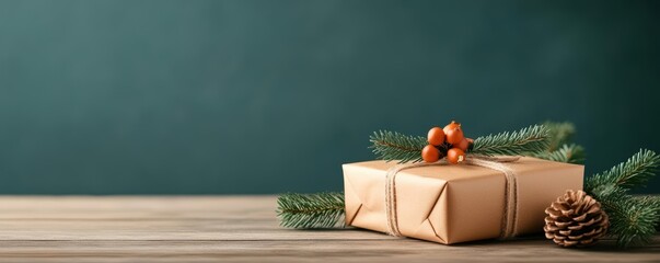 A beautifully wrapped gift box adorned with pine branches and berries on a wooden surface, perfect for holiday celebrations.