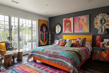 A vibrant, colorful bedroom featuring eclectic decor and artistic elements.