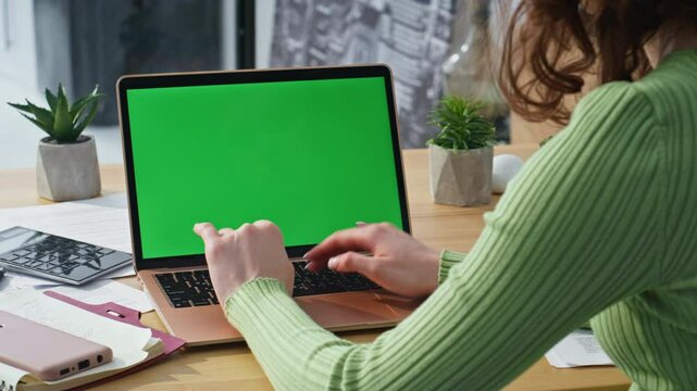 Teacher hands typing mockup laptop at workdesk closeup. Woman working computer