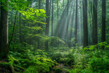 Obraz premium Verdant Forest with Moss and Soft Sunlight