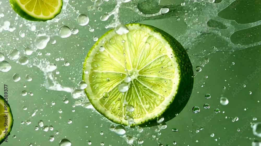 Poster a lime is shown in the air with water droplets surrounding it. the lime is cut in half and is surrou