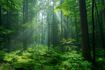 Obraz premium Sunlit Forest with Dense Green Foliage and Tall Trees