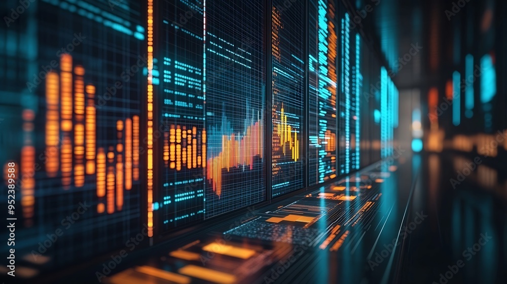 Poster Image of multiple graphs and numbers changing over data center room Digital composite coding business report network security data center networking technology and network server : Generative AI
