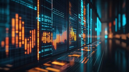 Image of multiple graphs and numbers changing over data center room Digital composite coding business report network security data center networking technology and network server : Generative AI