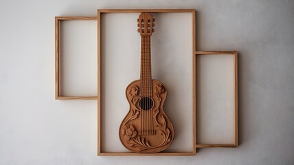 Naklejka premium Spanish Flamenco Guitar Relief: Hand-Carved Wood Art Embodies Heritage