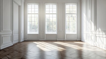 Fototapeta premium Interior of empty spacious bedroom with bright window and white walls at unfurnished apartment : Generative AI