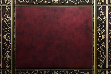 Obraz premium Elegant red leather background with intricate gold floral designs.