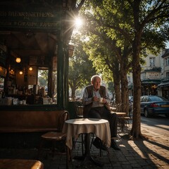 Old Man Sipping Tea Outside a Traditional Café