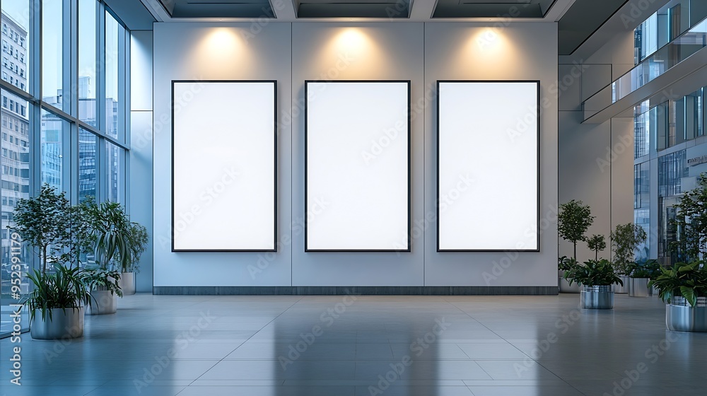 Poster triple vertical digital poster mockup background in sleek modern interior blank white showcase scree