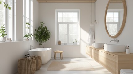 A bathroom Scandinavian style with light wood accents. The room has a cozy.