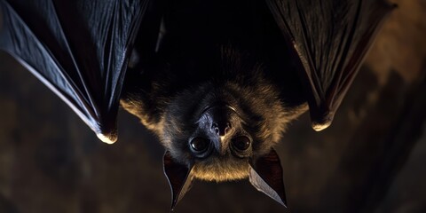 A vampire bat hanging upside down