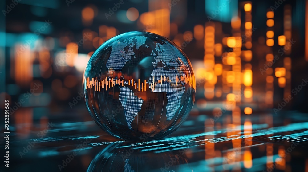 Poster Glass globe with graphs and data in background : Generative AI