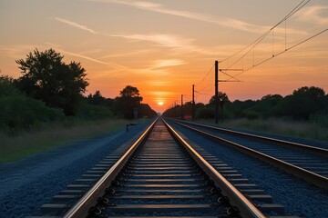 Obraz premium Sunset Railway Track Silhouette Exploring Peaceful Scenic Routes