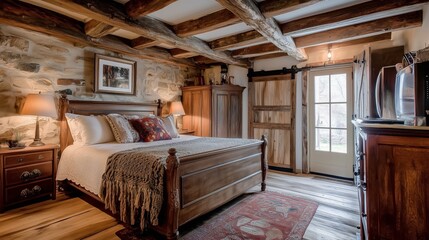 A bedroom with wooden beams and vintage appliances rustic farmhouse style.