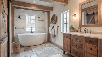A bathroom with wooden beams and vintage appliances rustic farmhouse style.