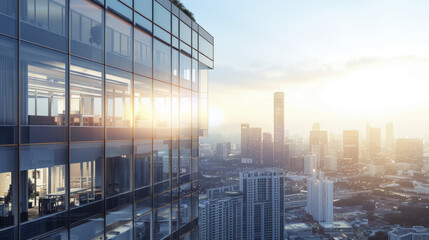 Fototapeta premium Modern cityscape with lush green balcony, featuring high-rise buildings and a vibrant skyline under a bright, partially cloudy sky