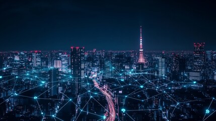 Modern city with wireless network connection and city scape concept.Wireless network and Connection technology concept with city background at night.