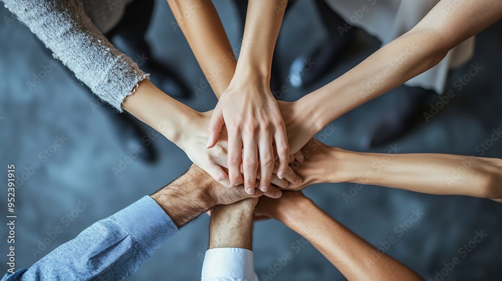 Poster business people hands and stack for team support as top view with mockup space agreement or solidari