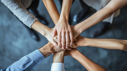 Business people hands and stack for team support as top view with mockup space agreement or solidarity Colleagues pile and corporate collaboration b2b investment for deal target or wor : Generative AI