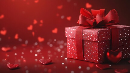 Obraz premium Valentines day gift Banner design with present box and hearts on red background : Generative AI