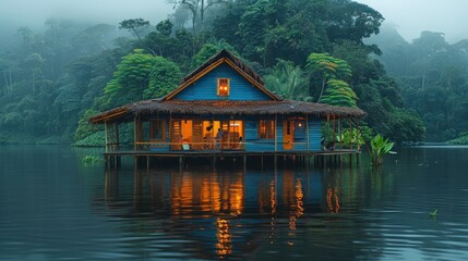 Fototapeta premium A tranquil waterfront cabin nestled amidst lush rainforest foliage.