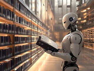 Fototapeta premium Futuristic Robot Librarian Retrieving Book from Shelves in Vast Digital Repository