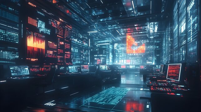 Futuristic AI Driven Financial Trading Floor with Holographic Displays and Sleek Workstations