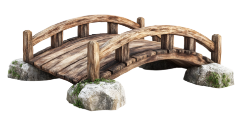A rustic wooden bridge resting on stone supports, ideal for nature scenes, landscaping projects, or outdoor photography.