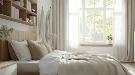 Fototapeta premium Bedroom with wooden headboard white hanging tables beige cushions and matching blanket wooden bookcase and window with white curtains and white cabinets in one corner : Generative AI