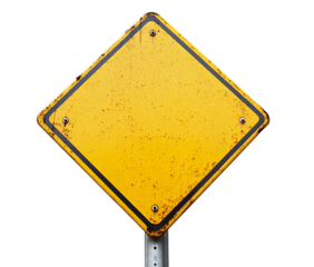 An empty diamond-shaped yellow sign with a rustic appearance, perfect for illustrating caution or warning themes.
