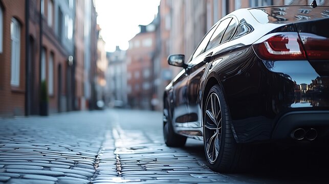 A black car is parked on the side of the road with no visible occupants The surroundings appear to be a quiet urban street : Generative AI