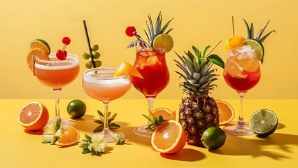 Exotic alcohol cocktails set with fruits on yellow background