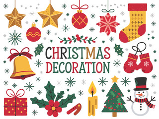 Big set of Christmas elements in doodle style. Christmas ornaments Vector illustration.