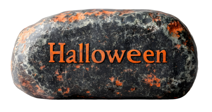 Decorative rock featuring the word 'Halloween' in an eye-catching orange font, perfect for festive autumn displays.