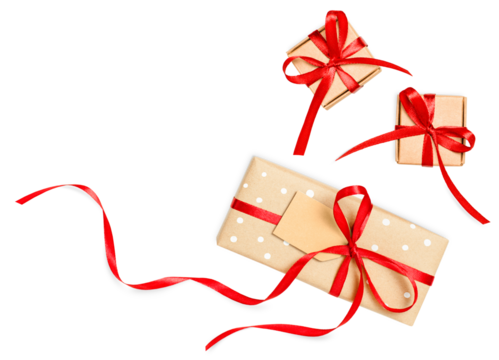 three craft boxes with red ribbons on white isolated background, top view