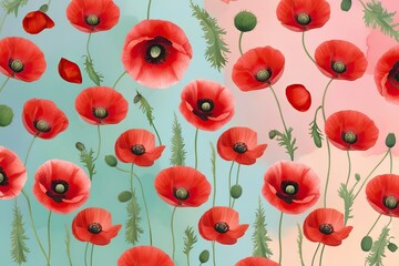 Delicate Red Poppy Flowers on Serene Pastel Background - Watercolor Floral Art