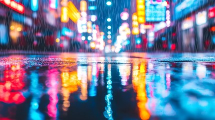 Neon City Lights Reflecting in Rain Puddle