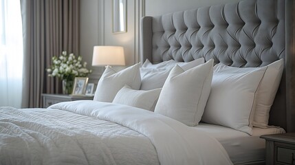 Luxury empty bedroom interior fragment soft gray headboard and white bedding sheets on wide double bed : Generative AI