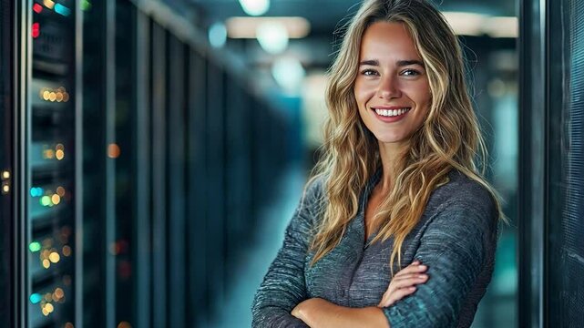a young, pretty woman telecom engineer with crossed arms and a smile