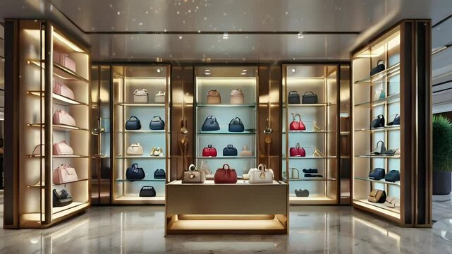 Luxurious and expensive women's bag shop with various types of models and shapes. Seamless 4K looping timelapse video animation background