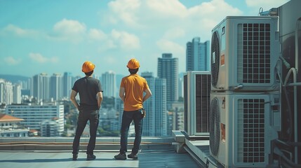 Maintenance engineers are checking cooling system at rooftop building Blue collar worker and engineer : Generative AI