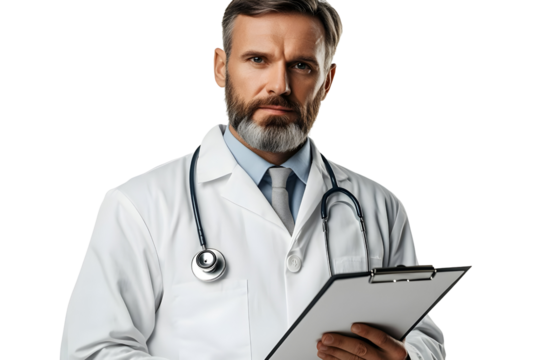 Portrait of a serious male doctor holding a clipboard, symbolizing professionalism and healthcare expertise.