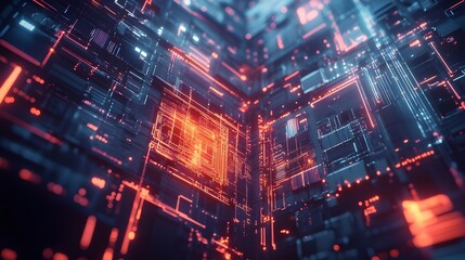 Obraz premium Futuristic Glowing AI Powered Digital Fortress with Intricate Cybersecurity Protocols