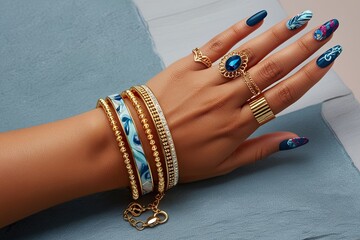 Stylish Bracelet on Woman's Wrist Featuring Chic Nail Art Design